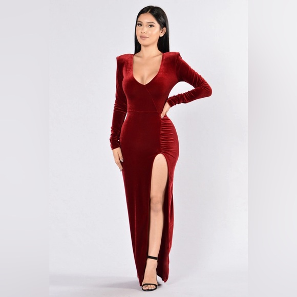 Thigh High Front Slit Velvet Dress - Wine M - Picture 1 of 7